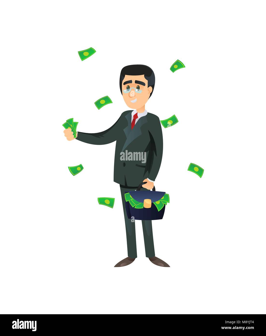 Flat style of wealthy entrepreneur with briefcase throwing cash around