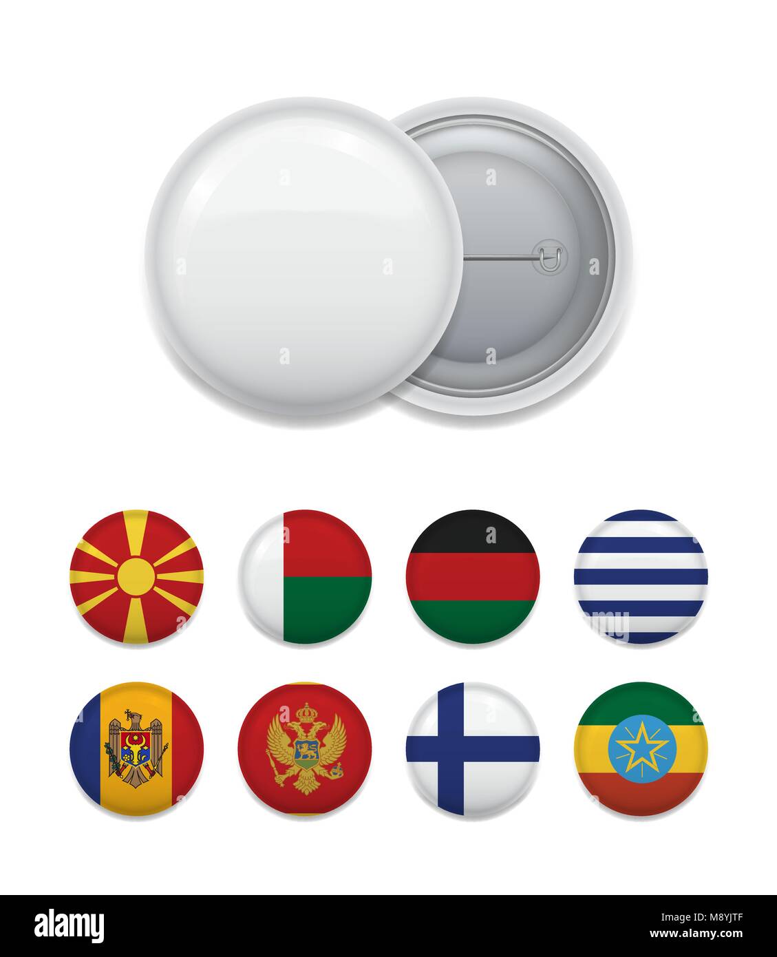 Arranged blank badge with set of various emblems and country flags on white Stock Vector Image