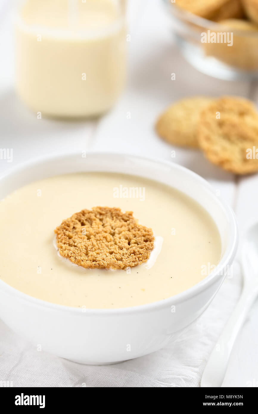 Homemade traditional Danish cold buttermilk koldskal dessert soup with