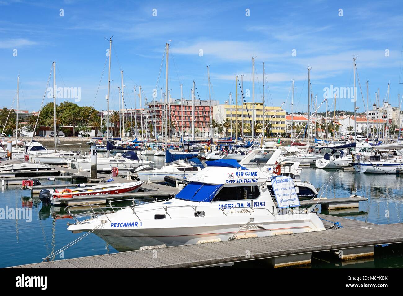 View of boats and yachts moored in the marina de Lagos, Lagos, Algarve, Portugal, Europe. Stock Photo