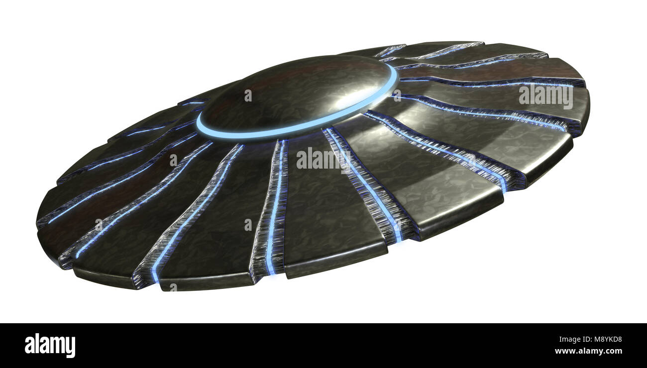 UFO, alien spaceship encounter,  extraterrestrial visitors with flying saucer (3d space rendering isolated on white background) Stock Photo