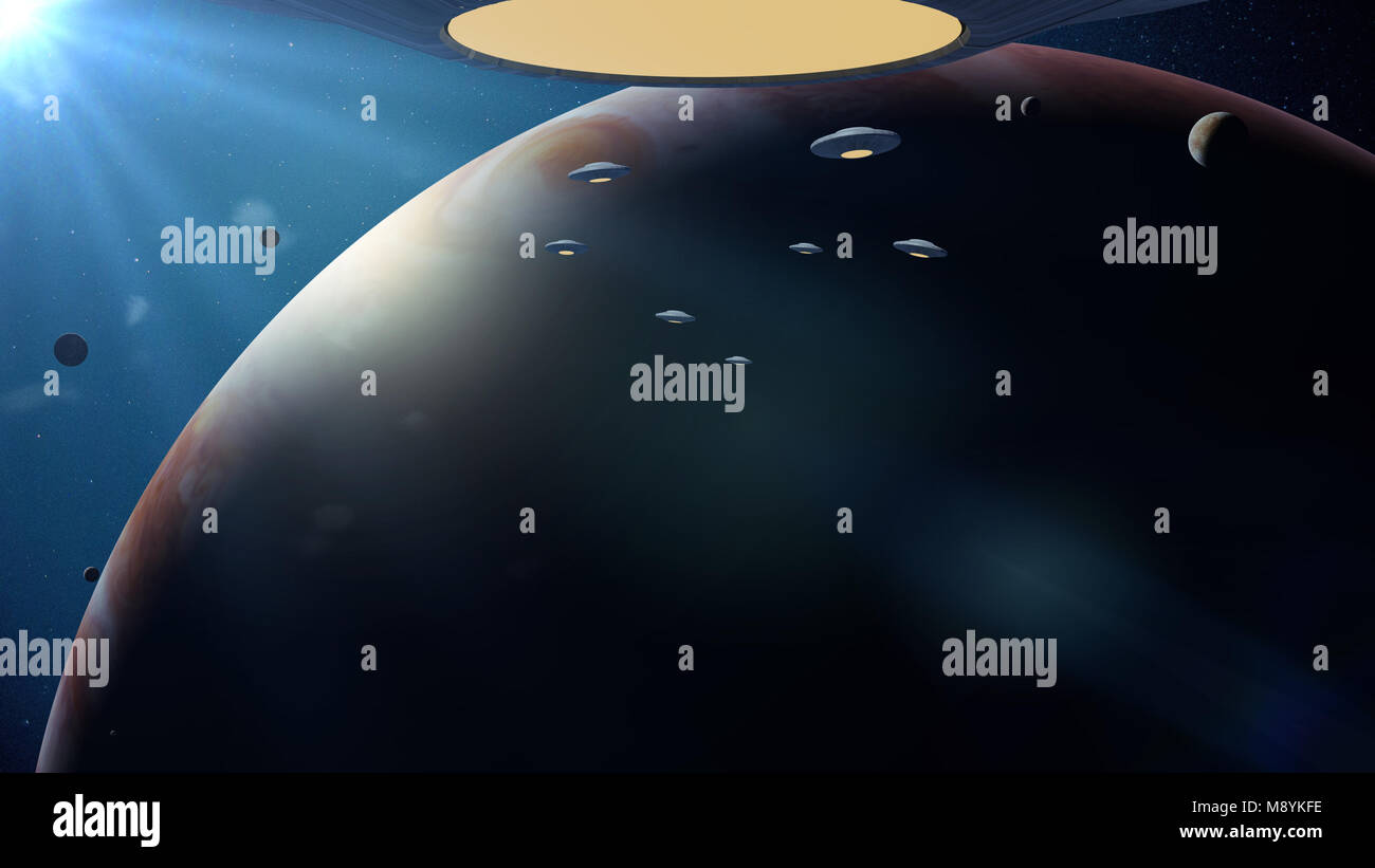 many UFOs in orbit of planet Jupiter (3d space illustration, elements of this image are furnished by NASA) Stock Photo