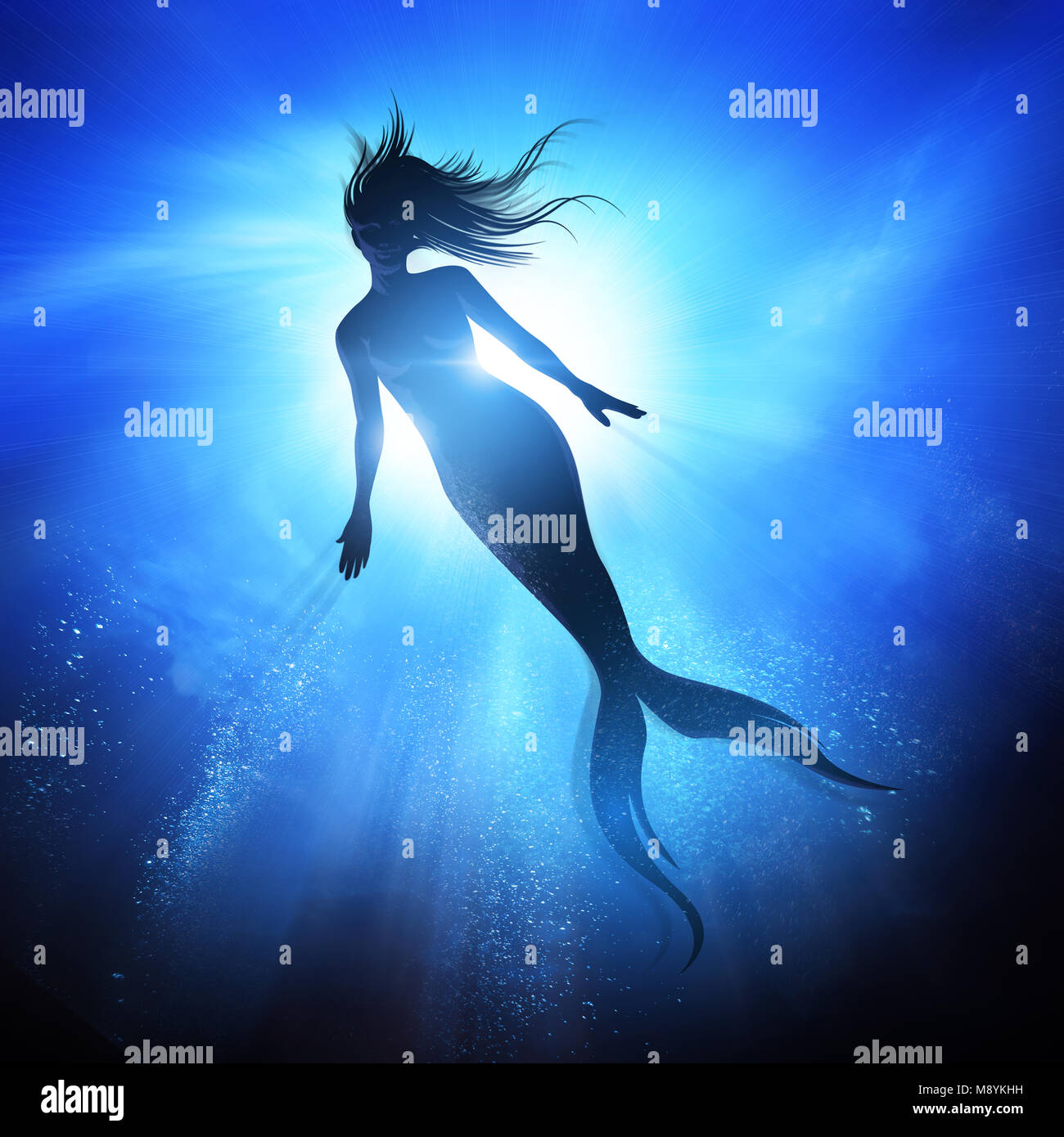 A swimming Mermaid silhouette with a long fish tail in the deep blue sea. Mythical creature of the ocean. Mixed media illustration Stock Photo
