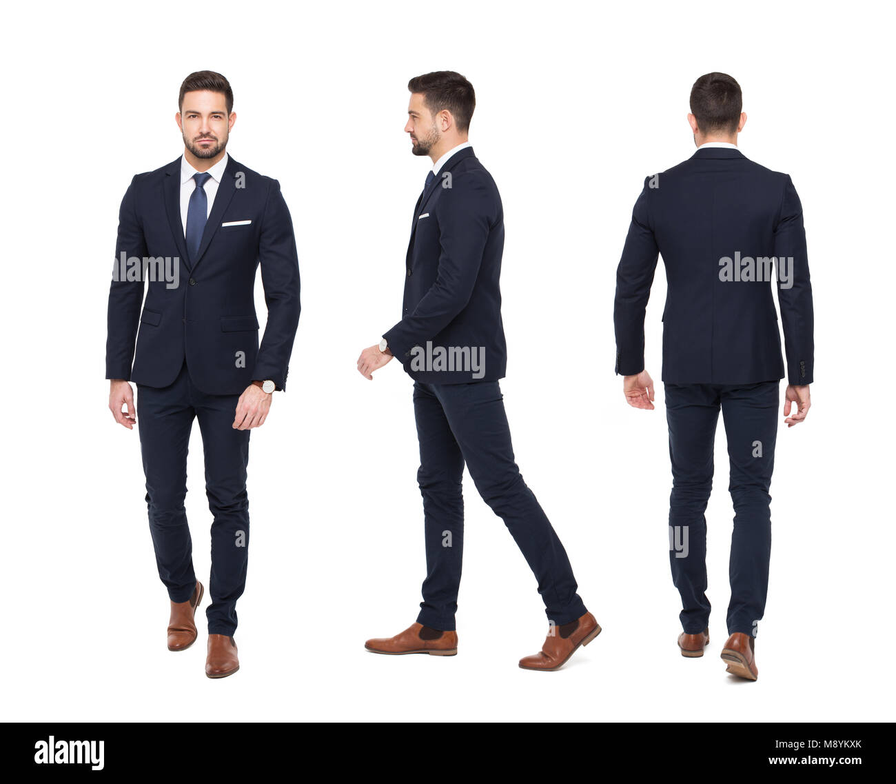Young stylish businessman front rear side view, isolated on white Stock Photo