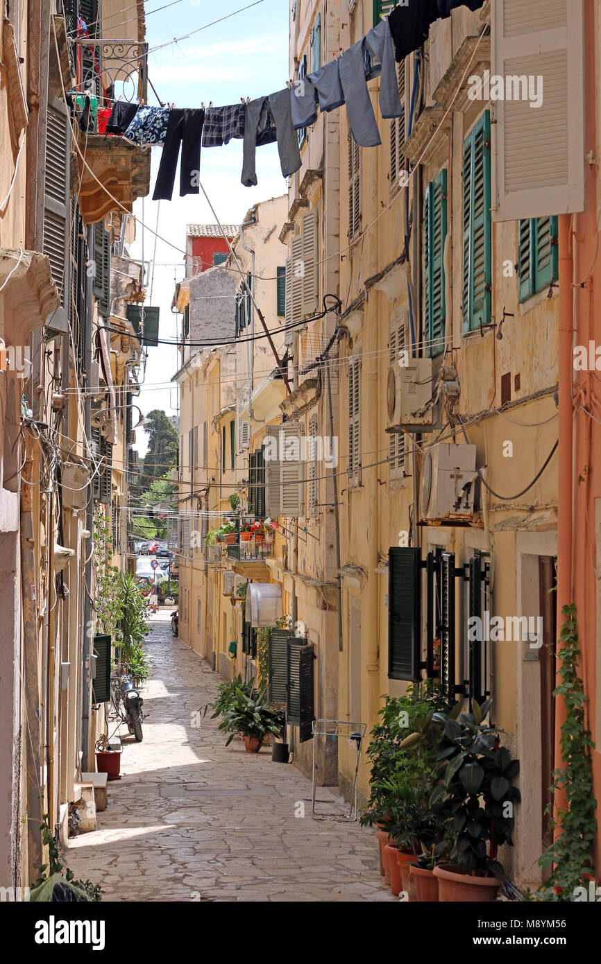old stone street and houses Corfu town Greece Stock Photo