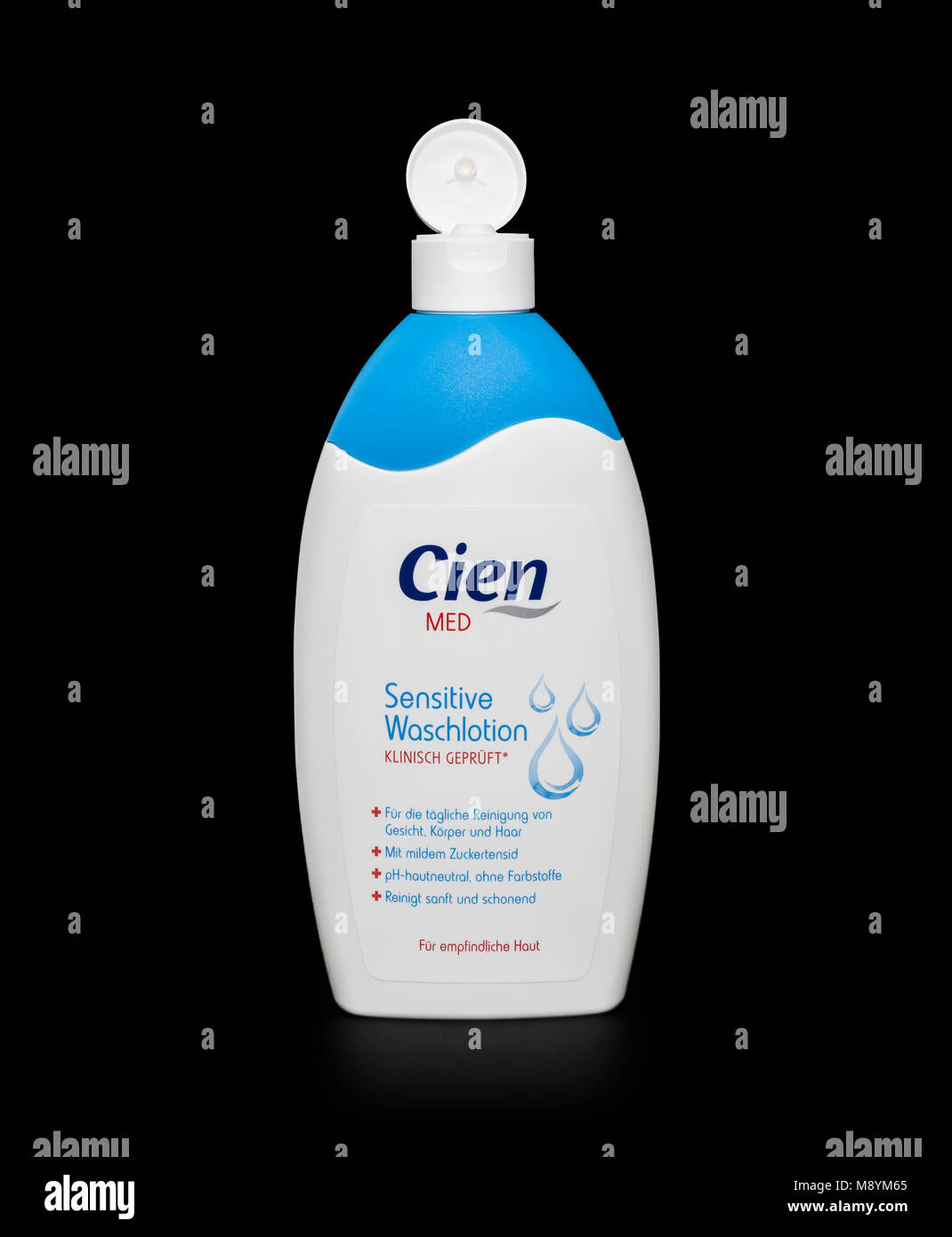 CHISINAU, MOLDOVA - Marth 20, 2018: Cien Med Sensitive Waschlotion manufacturer Germany. Studio shot, isolated on black background. Stock Photo