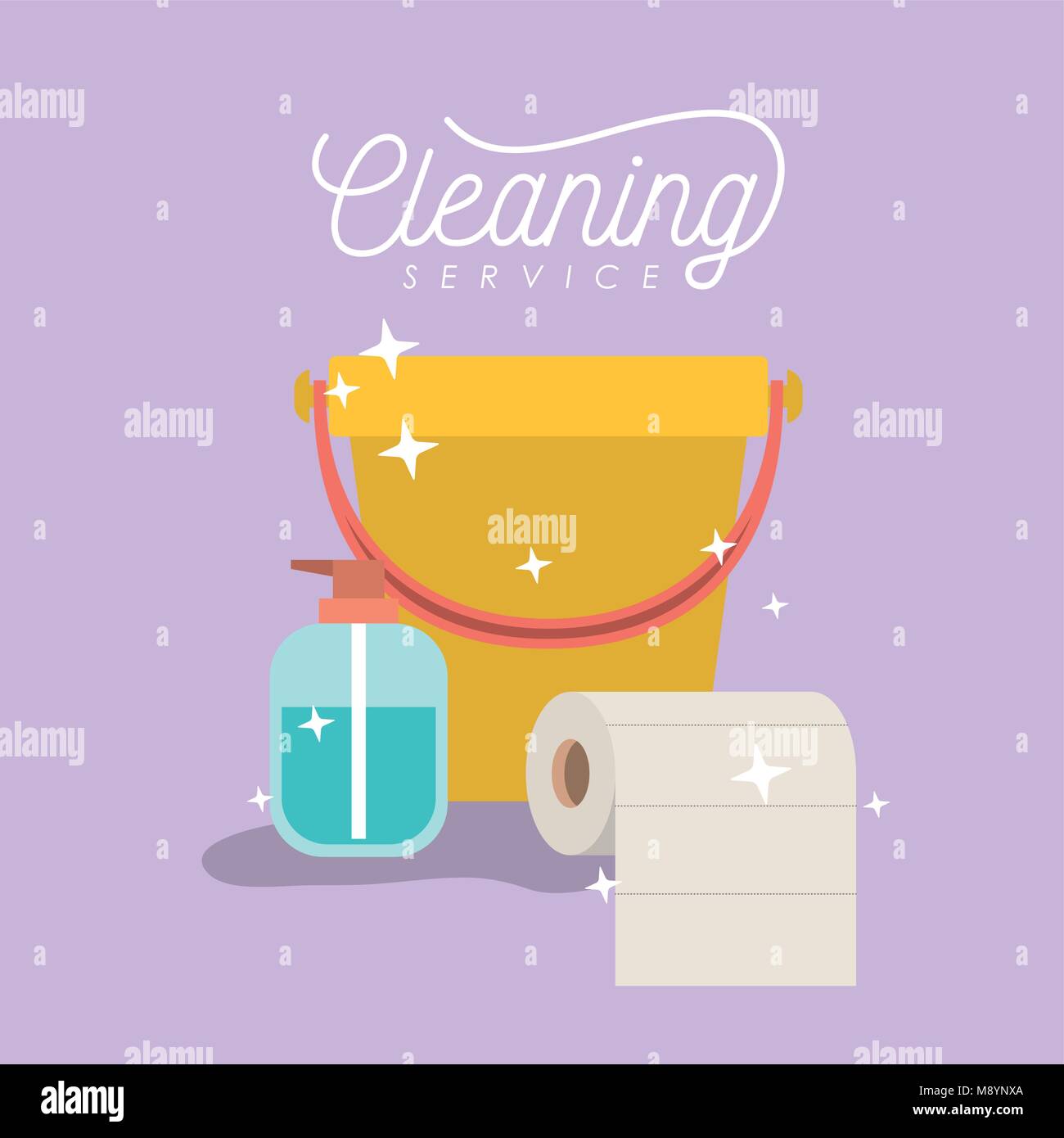 scrub brush and dust pan bucket and garbage bag cleaning service on color background Stock Vector