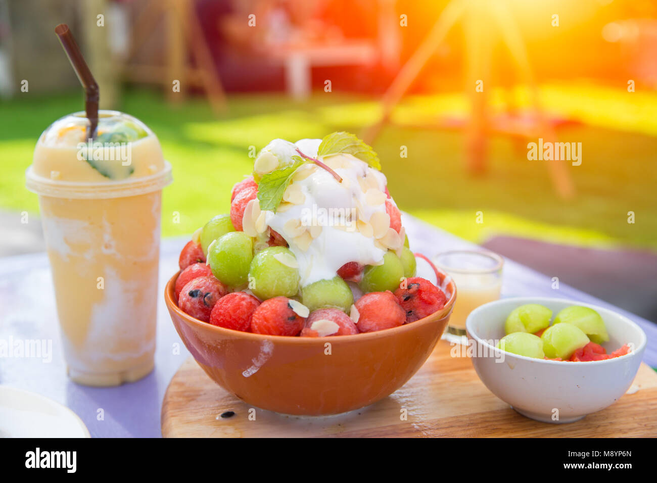 Summer Fruit ice smoothie and Fruity sweet Bingsu good for healthy and cool Stock Photo