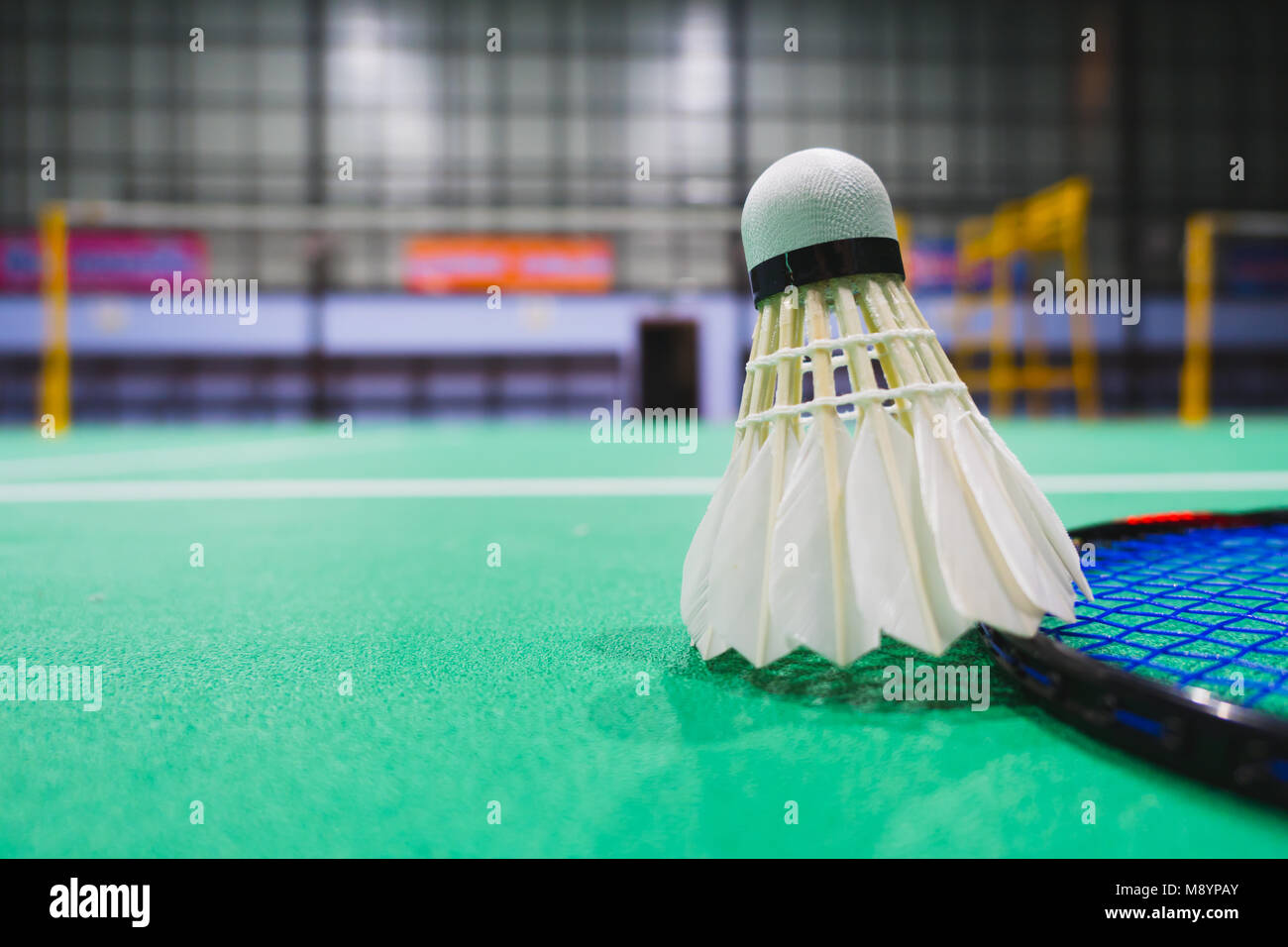 badminton shuttlecock in competing badminton courts blur background
