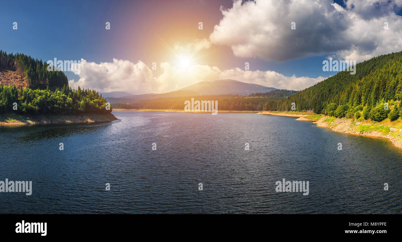 Landscape with lake Oasa in Romanian Carpathians, Transalpina. Stock Photo