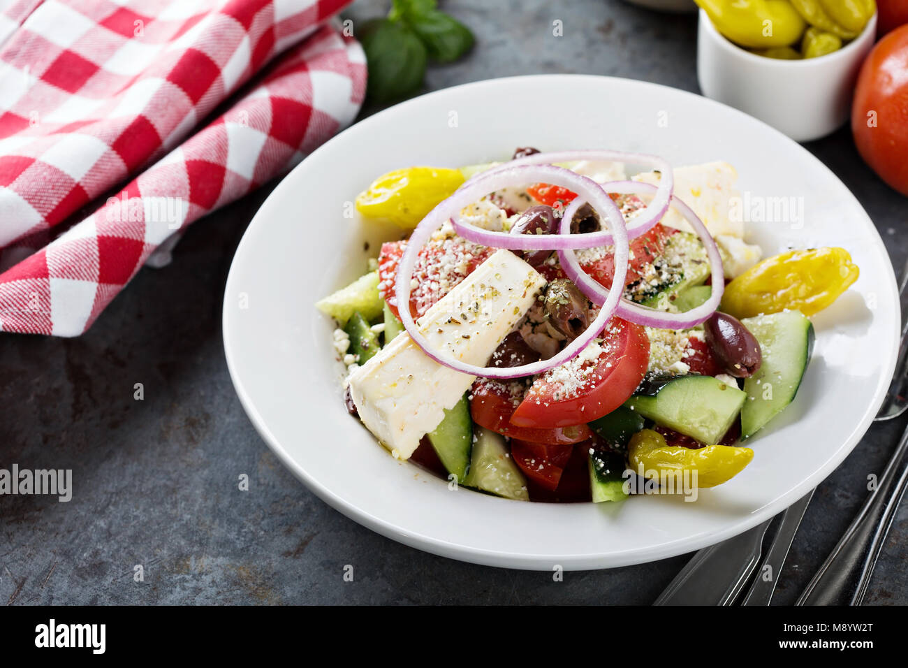 Greek salad with fresh vegetables and feta Stock Photo