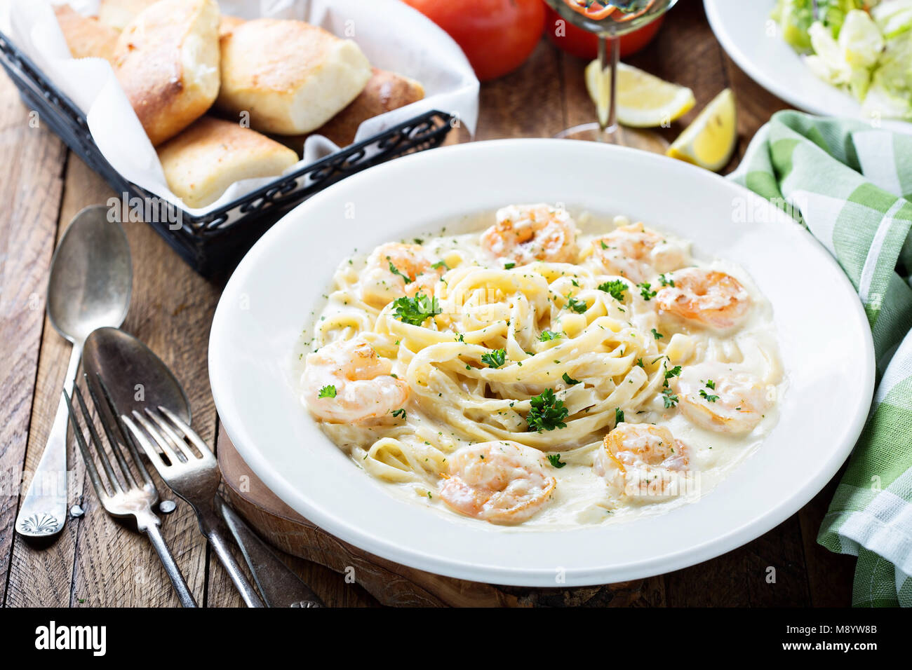 Fettuccine Alfredo with shrimp Stock Photo Alamy