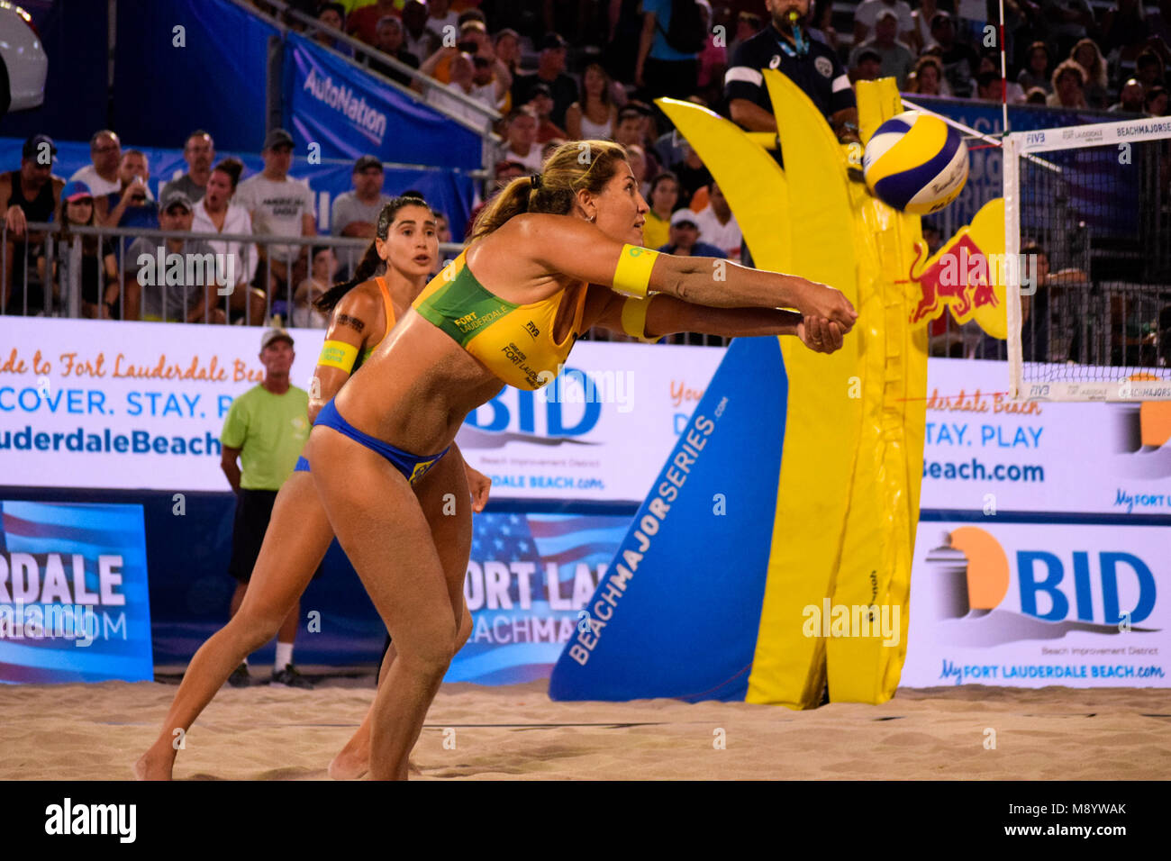 Maria Antonelli of Brazil with the volley to place the ball to his partner in the counter attack. The Volleyball Major Series 2018 Florida was hosted in Fort Lauderdale, USA from 27 February to 4 March 2018. Stock Photo