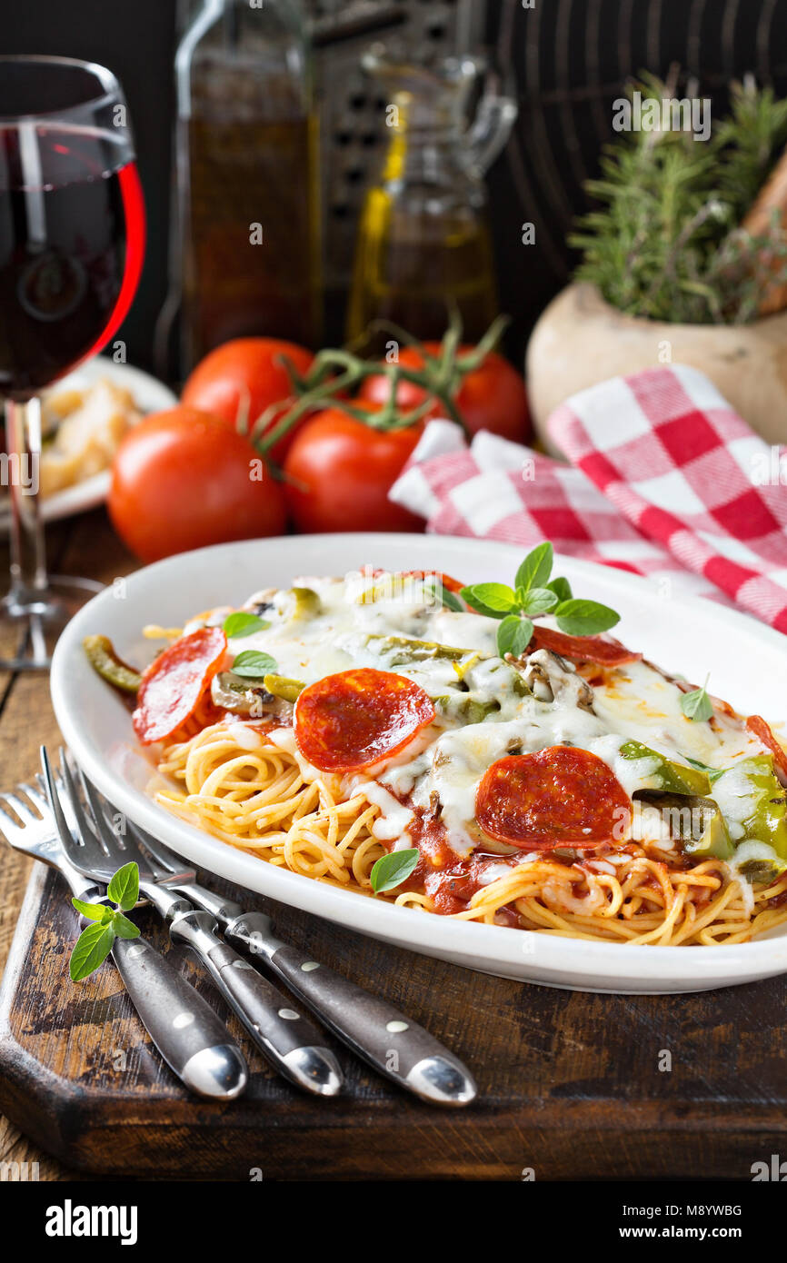 Baked pasta with cheese and pepperoni Stock Photo Alamy