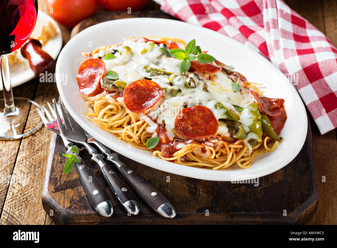 Baked pasta with cheese and pepperoni Stock Photo Alamy