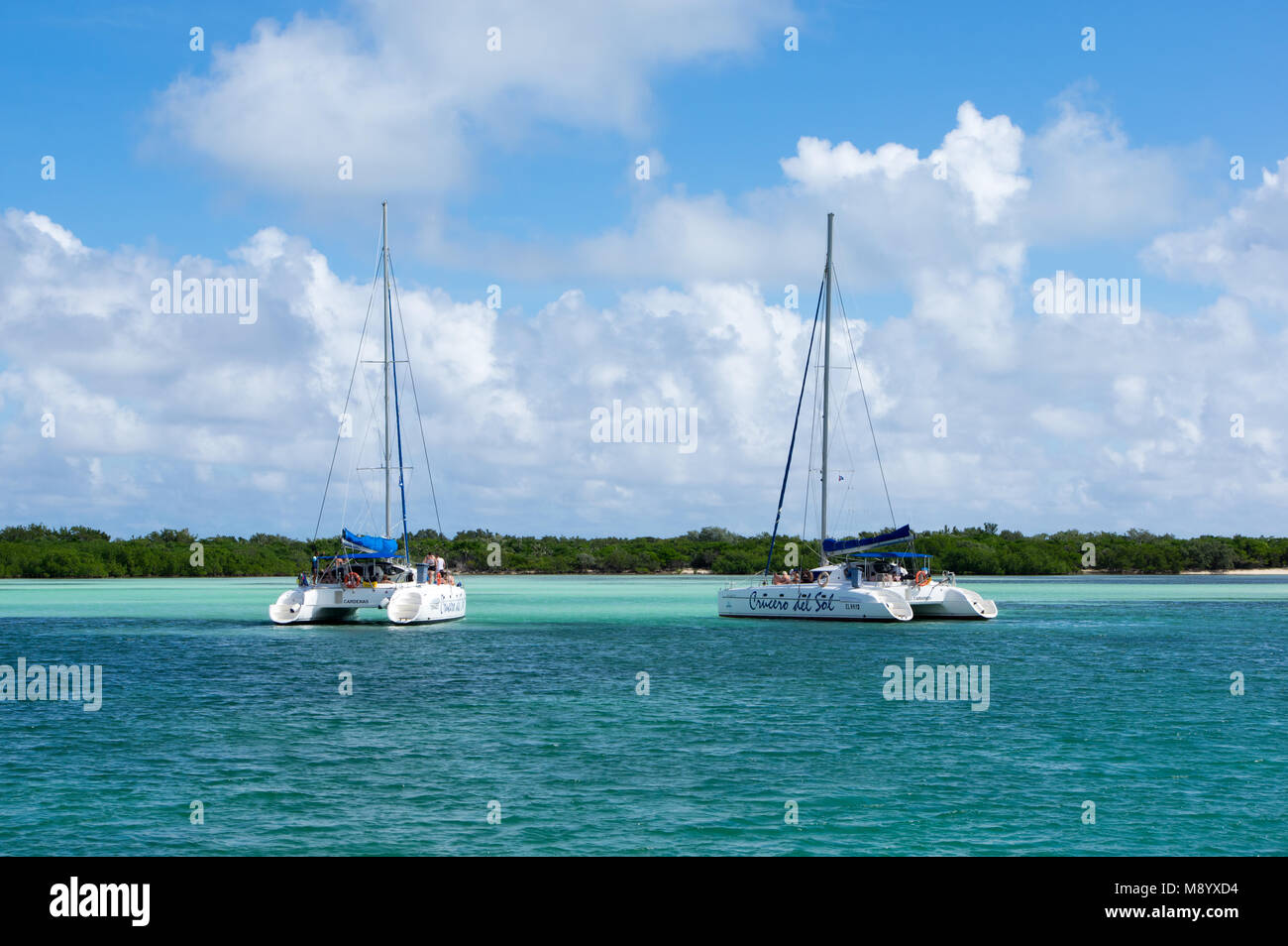 Catamarans visiting the sand banks off the island of Cayo Paredon Grande, Cuba Stock Photo