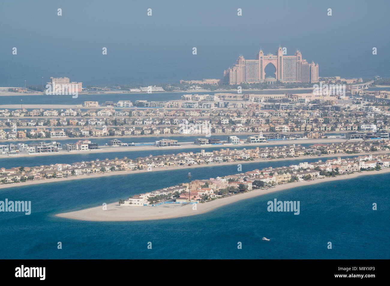 DUBAI, UAE - February 14, 2018: Aerial view of Hotel Atlantis The Palm, Palm Jumeirah, Dubai, United Arab Emirates Stock Photo