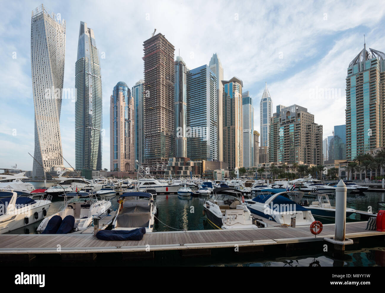 DUBAI, UAE - February 14, 2018: View of modern skyscrapers in morning light in Dubai Marina, UAE Stock Photo