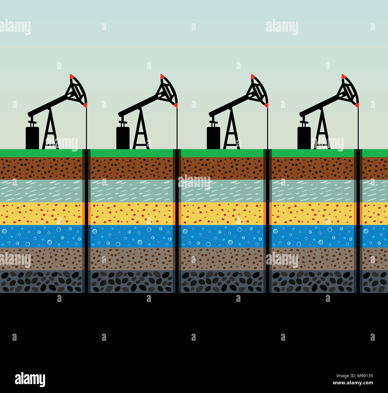 Oil pumps and rig on sky background. Stock Vector