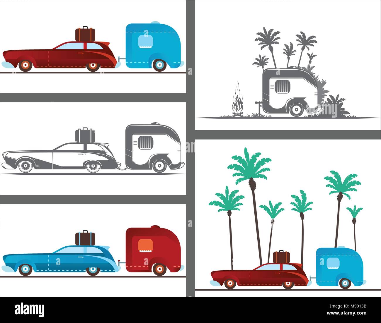 Vintage camping trailer and camping car. Stock Vector