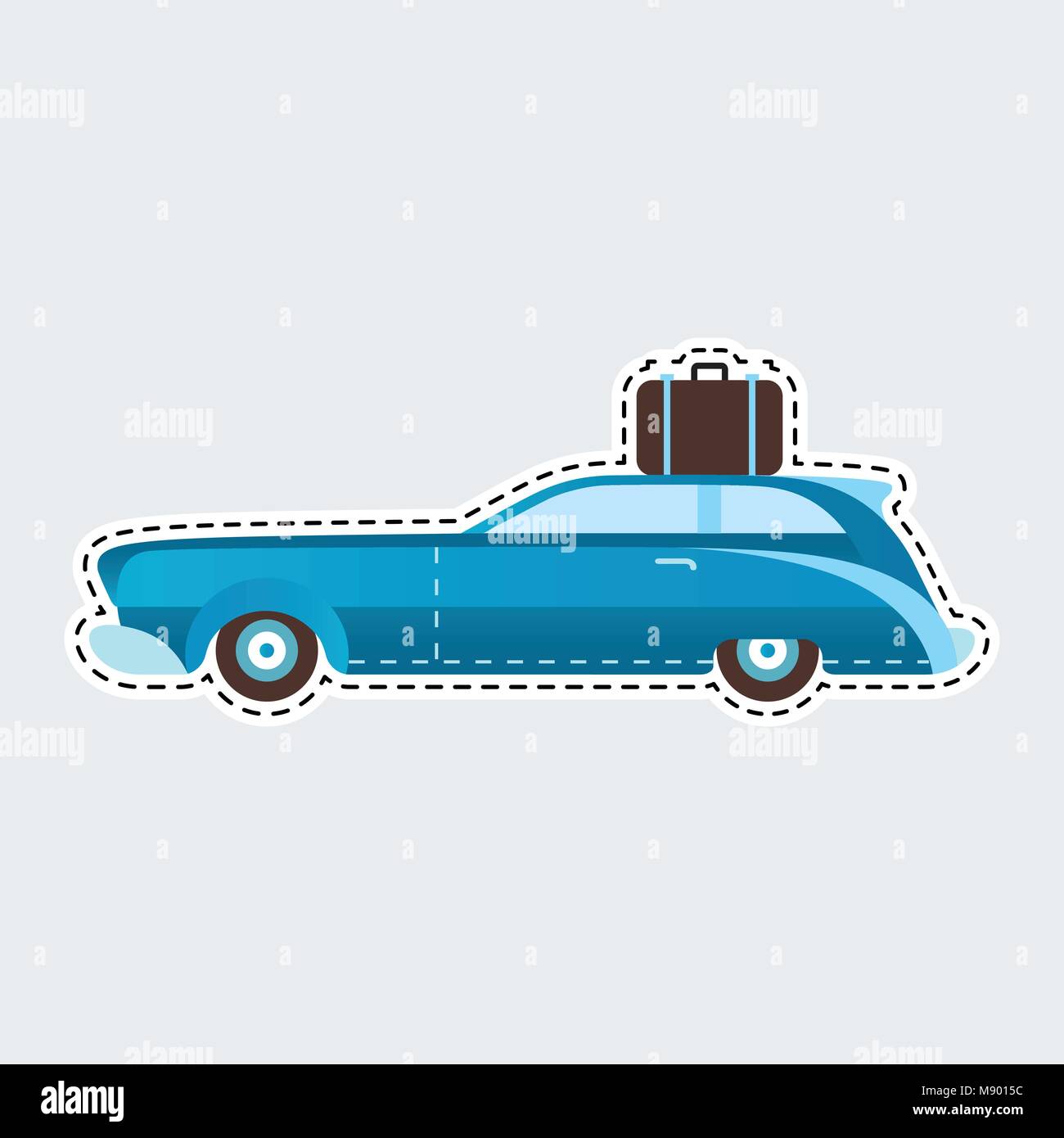 Vintage travel car in patch style. Clip art for sticker or pin. Stock Vector