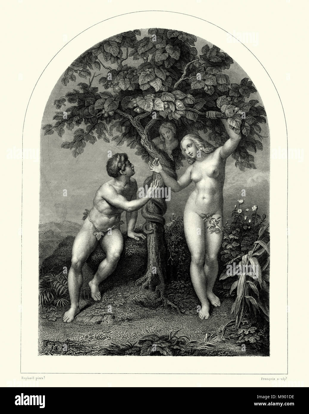 Adam and Eve. after Raphael. Adam and Eve, according to the creation myth of the Abrahamic religions, were the first man and woman. Stock Photo