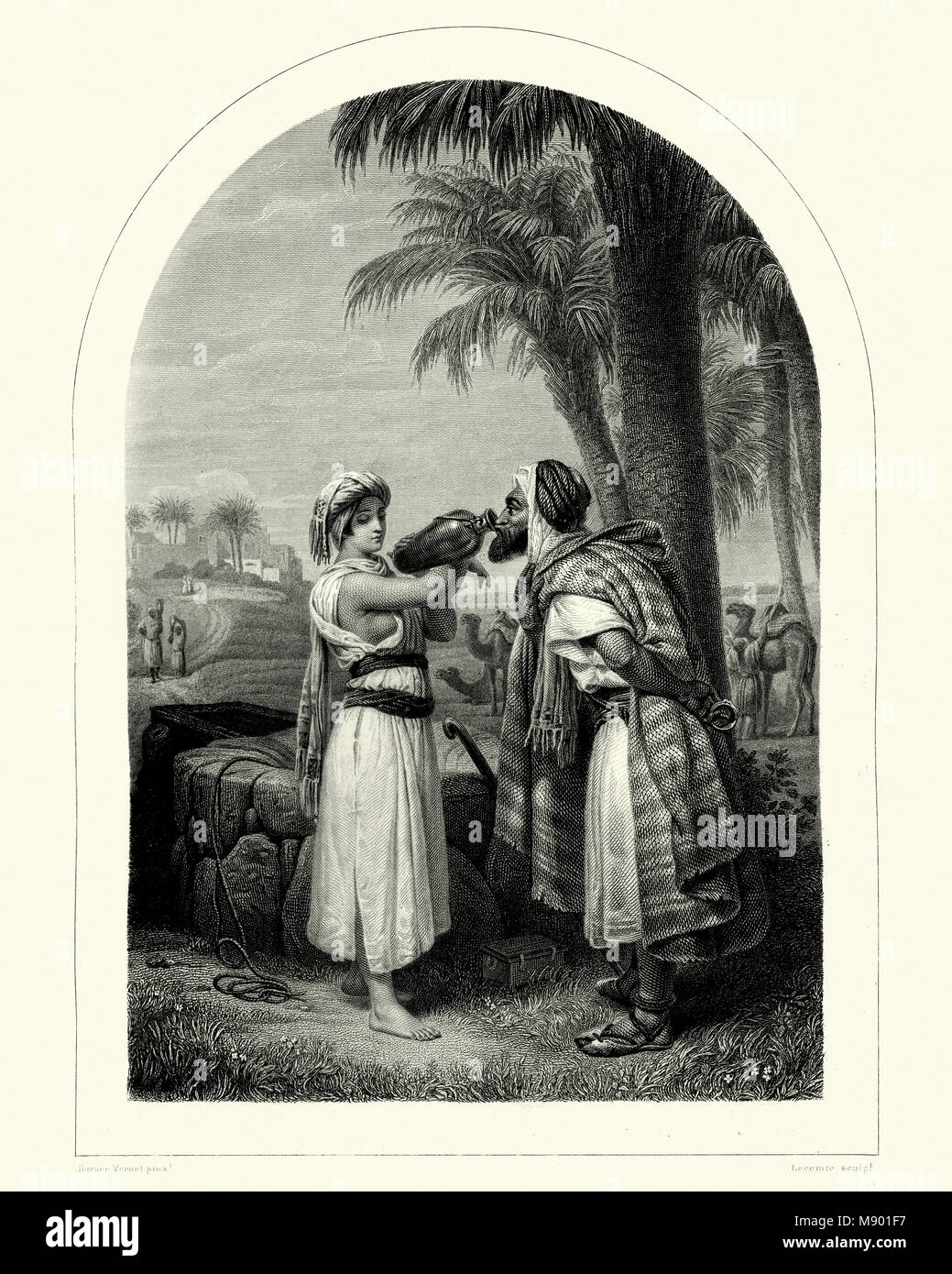 A scene from the Old Testament, Rebecca and Eliezer at the Well. Stock Photo