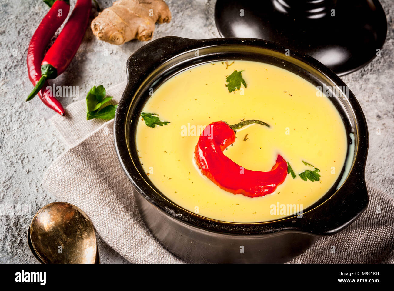 Traditional Indian cuisine. Vegetarian curry Gujarati Kadhi, Gujarati