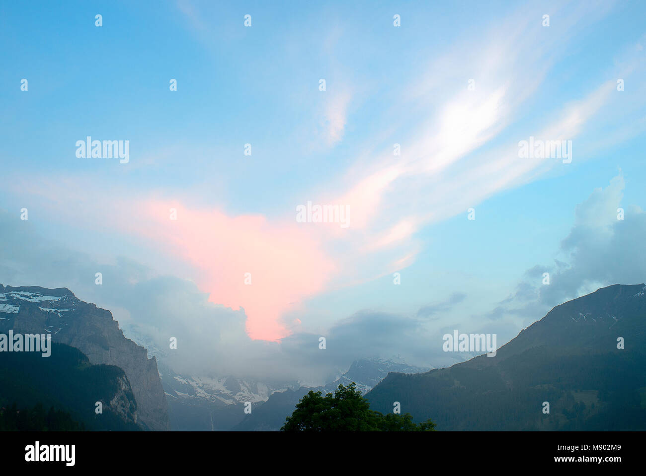 Fading light after  sunset as viewed from Wengen Switzerland Stock Photo