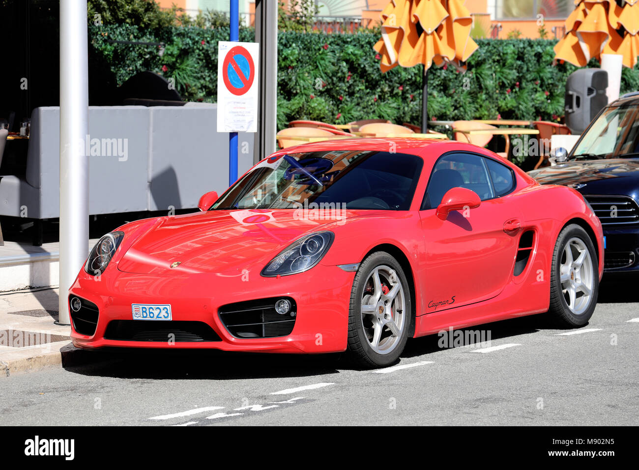 Menton, France - March 19, 2018: Luxury Red Porsche 718 Cayman S Parked In The Street Of Menton On The French Riviera Stock Photo