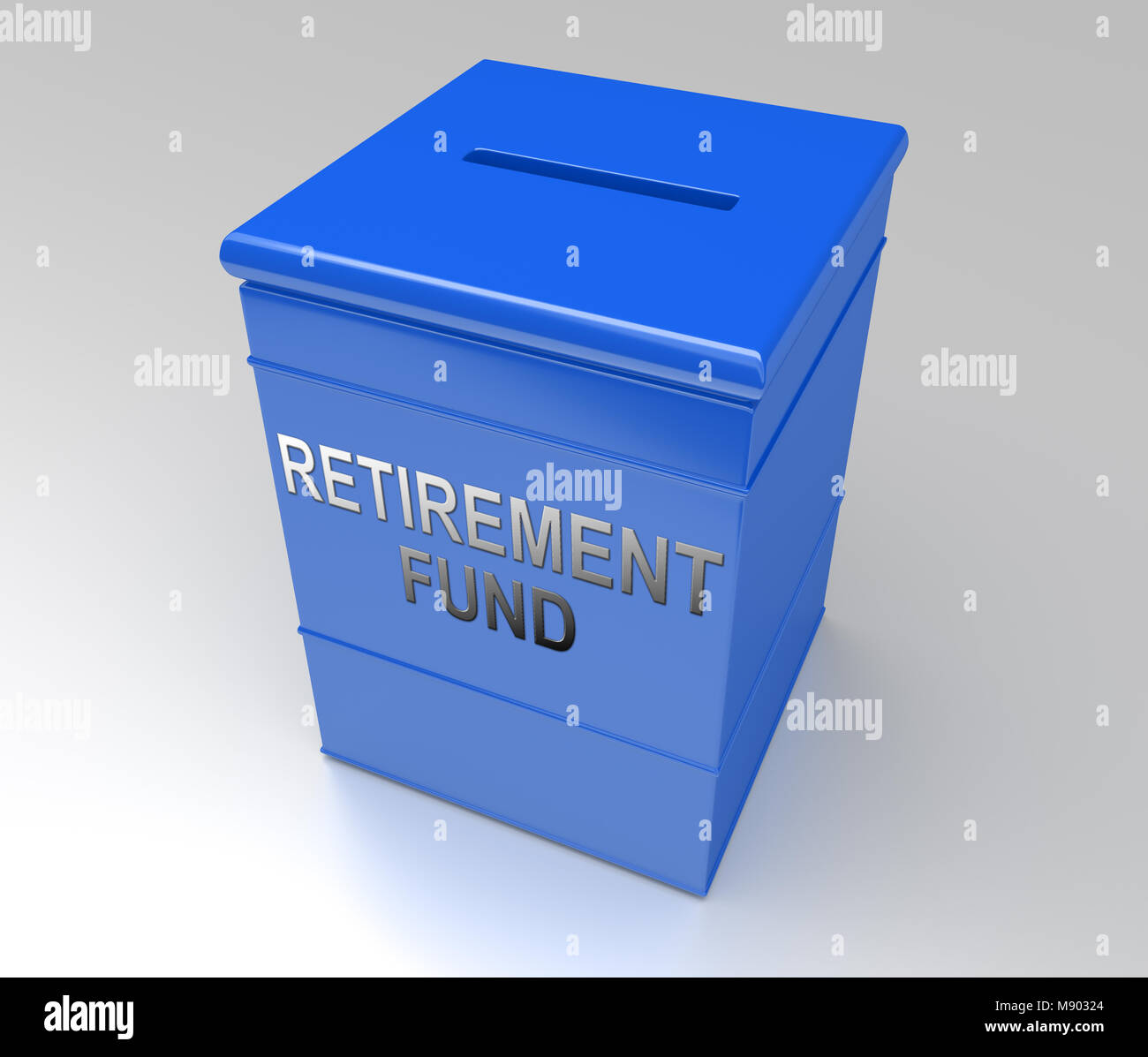 3d Illustration depicting a blue money box with a retirement fund concept. Stock Photo