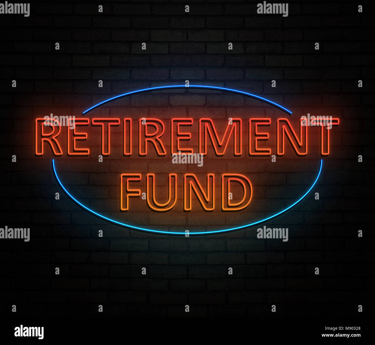 3d Illustration depicting an illuminated neon sign with a retirement fund concept. Stock Photo