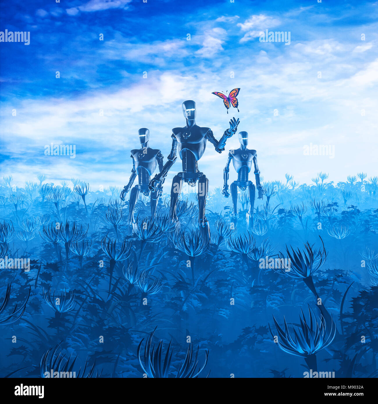 Tech meets nature / 3D illustration of androids in alien landscape finding butterfly Stock Photo