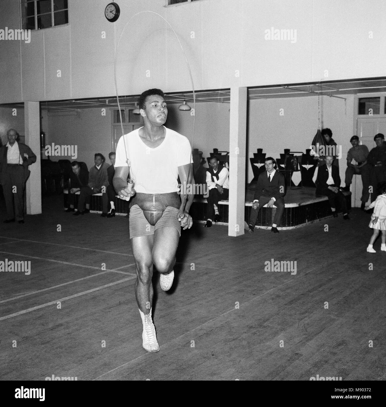 American boxing legend Muhammad Ali, formerly Cassius Clay, use a skipping  rope during a training session before his non-title heavyweight fight  against Henry Cooper at Wembley Stadium on 18th June. 16th June