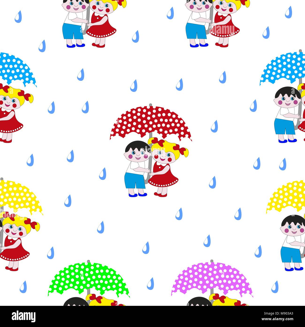 Cute cartoon boy and girl under an umbrella. Vector seamless texture ...