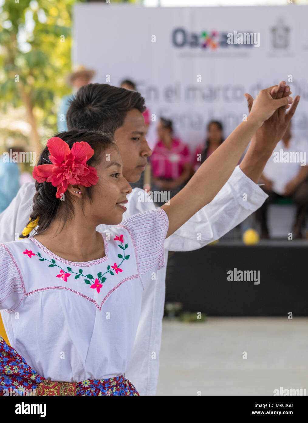 San Juan Teitipac, Oaxaca, Mexico - Children and youth perform during the town's Linguistic and Heritage Fair. The purpose of the fair was to preserve Stock Photo