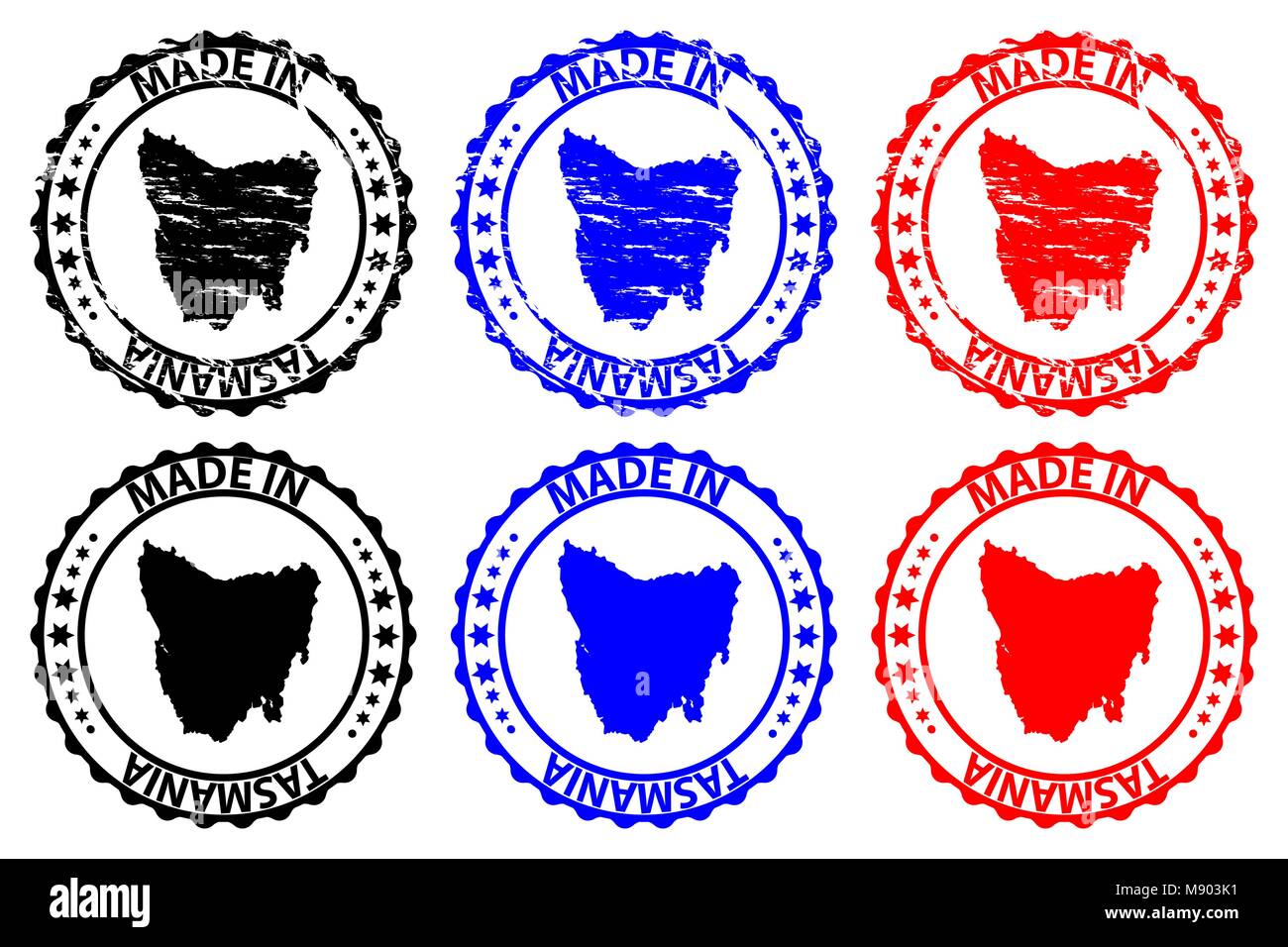 Made in Tasmania - rubber stamp - vector, Tasmania map pattern - black, blue and red Stock Vector