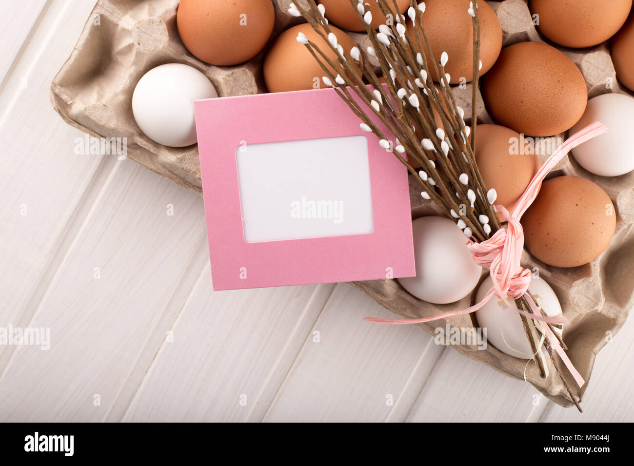 Easter Eggs in Nest from Top View Looking Down on White or Gray Rustic ...
