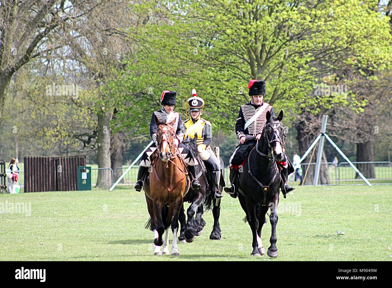 Military enthusiasts on horse back in 12th Light Dragoons uniform, re enact the Battle of Waterloo Stock Photo