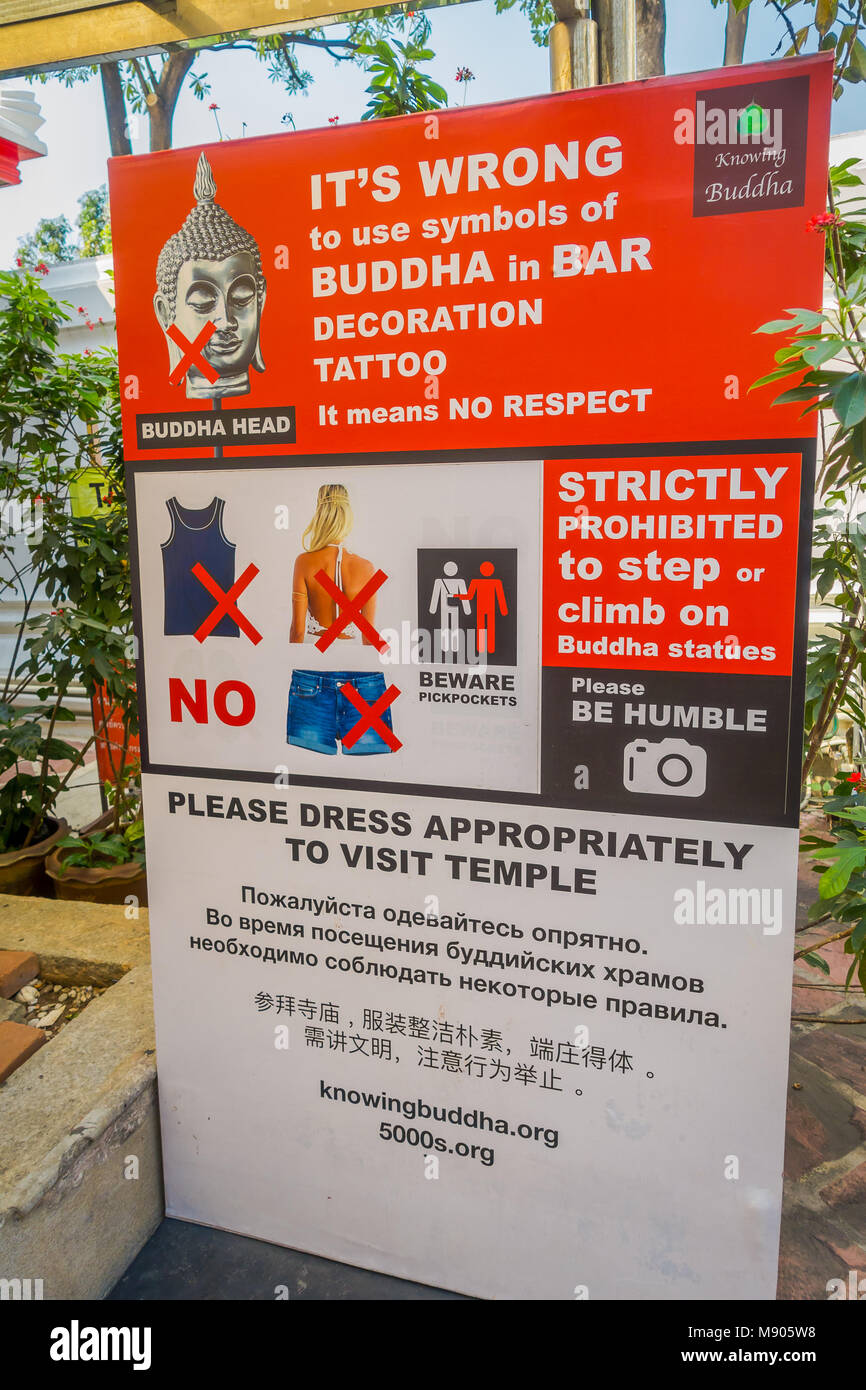 BANGKOK, THAILAND, FEBRUARY 08, 2018: Informative sign of some advice of places to avoid use budha image in Wat Pho Temple in Thailand Stock Photo