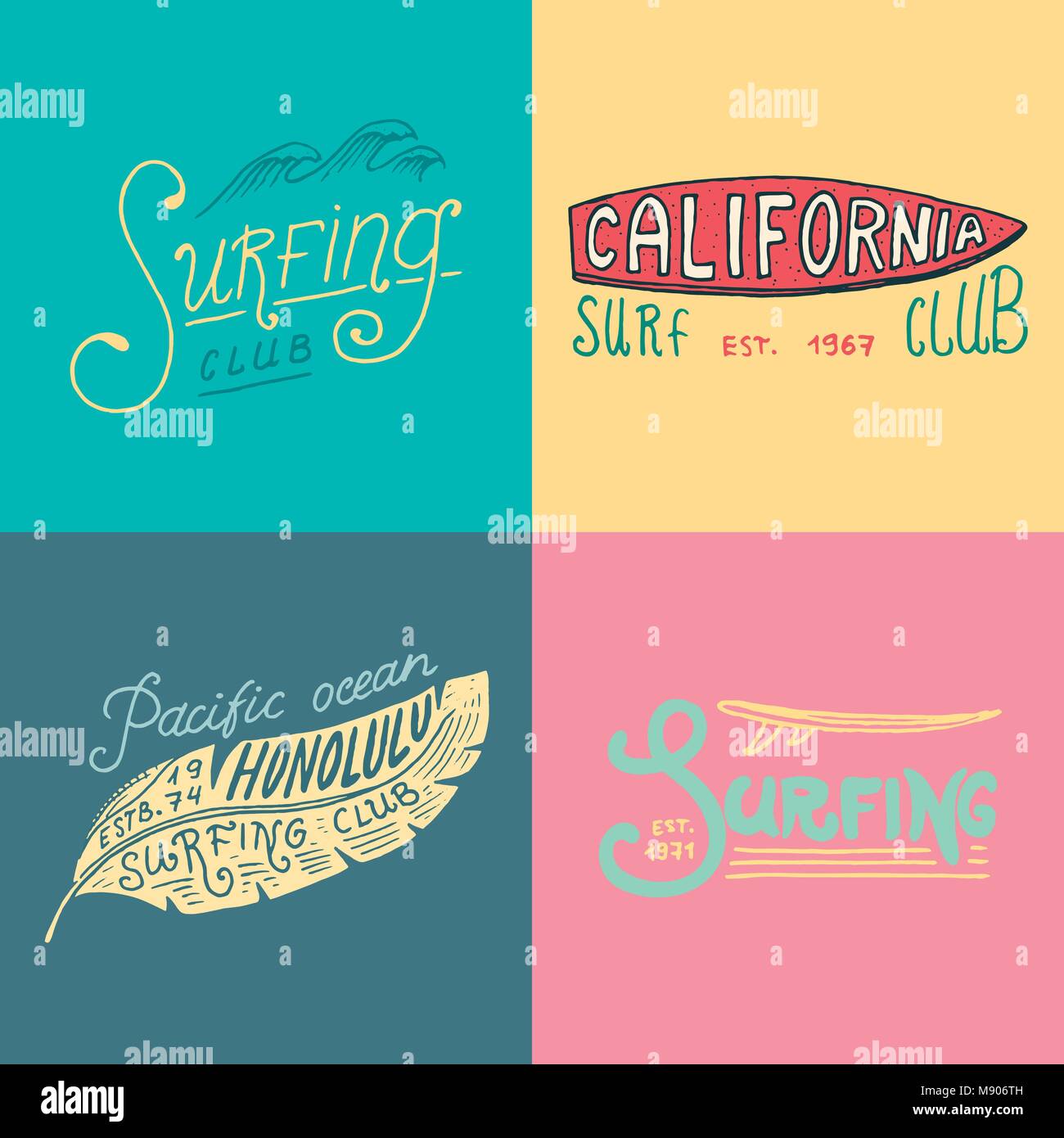 Surf badge and wave, palm tree and ocean. vintage retro background ...
