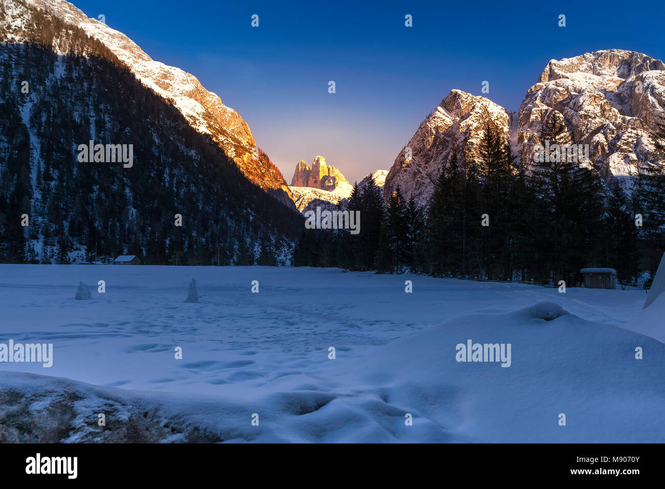 Tre Cime di Lavaredo, Three Peaks in winter time, South Tyrol, Sexten Dolomites, Alto Adige, Italy #AlamyPOTW Stock Photo