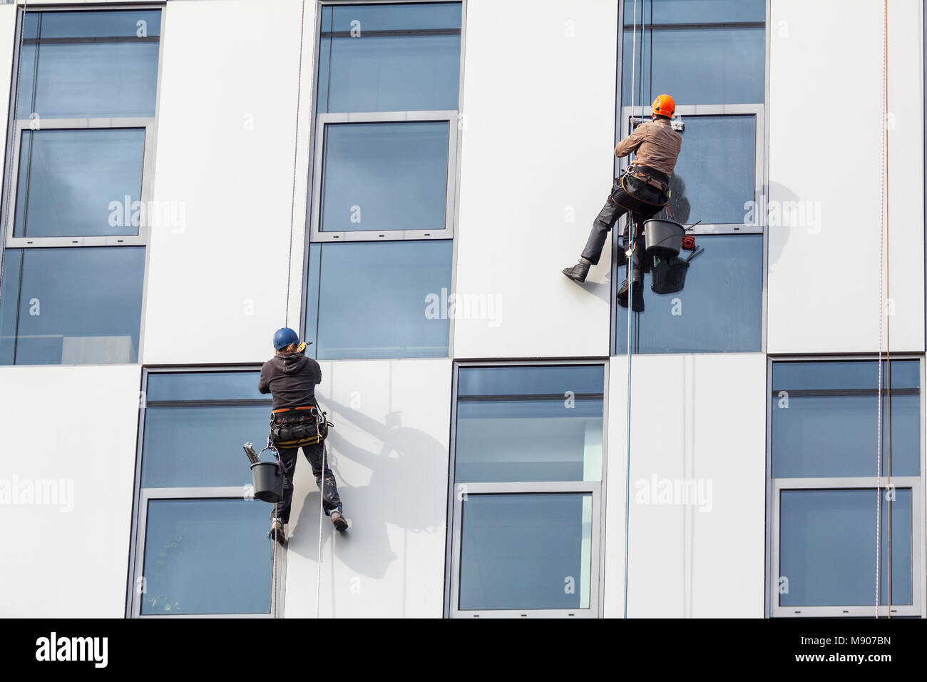Group of workers, hanging on clambing rope, clean the windows ond outer ...