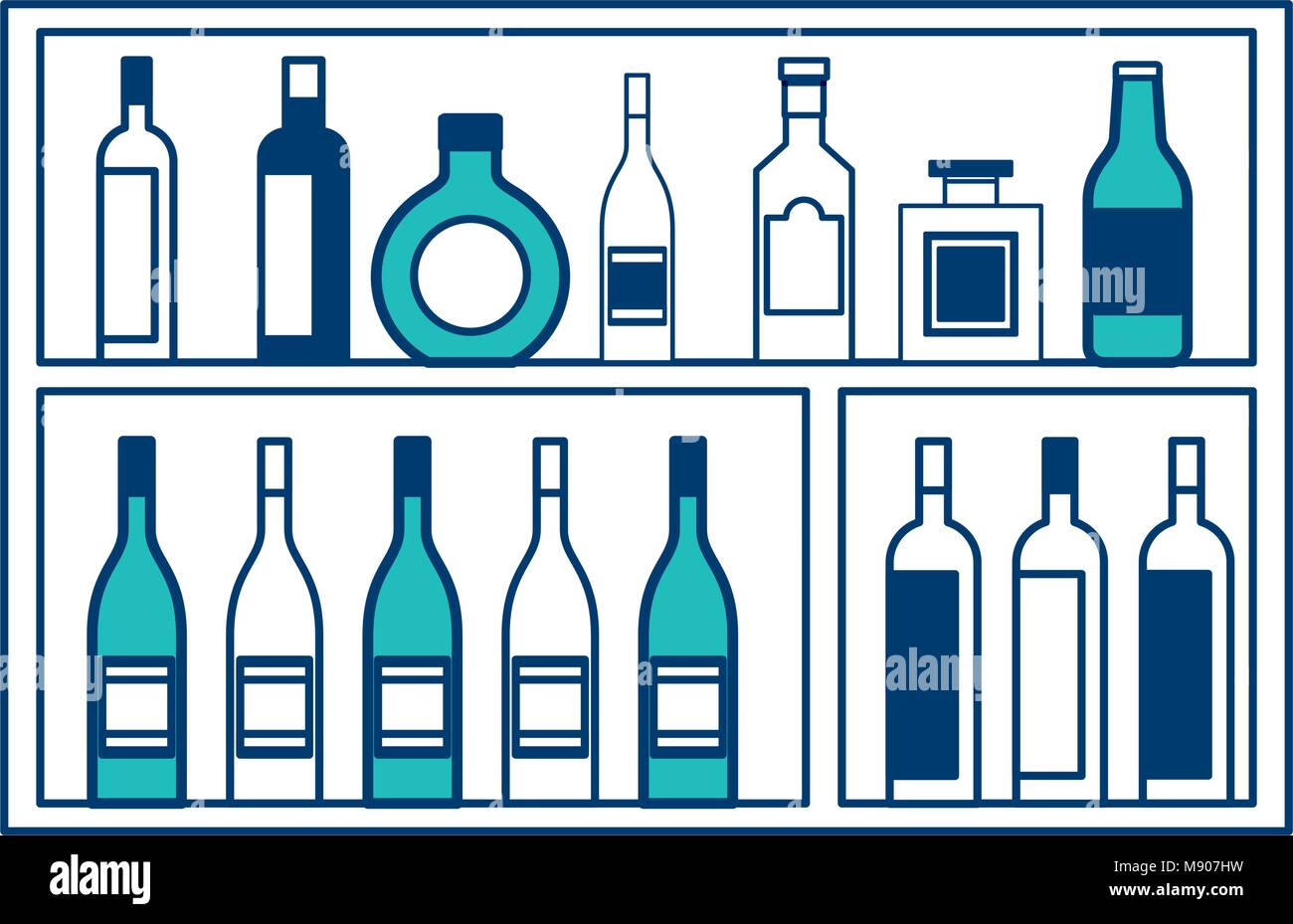 shelving furniture with different glass bottles beverages alcohol Stock