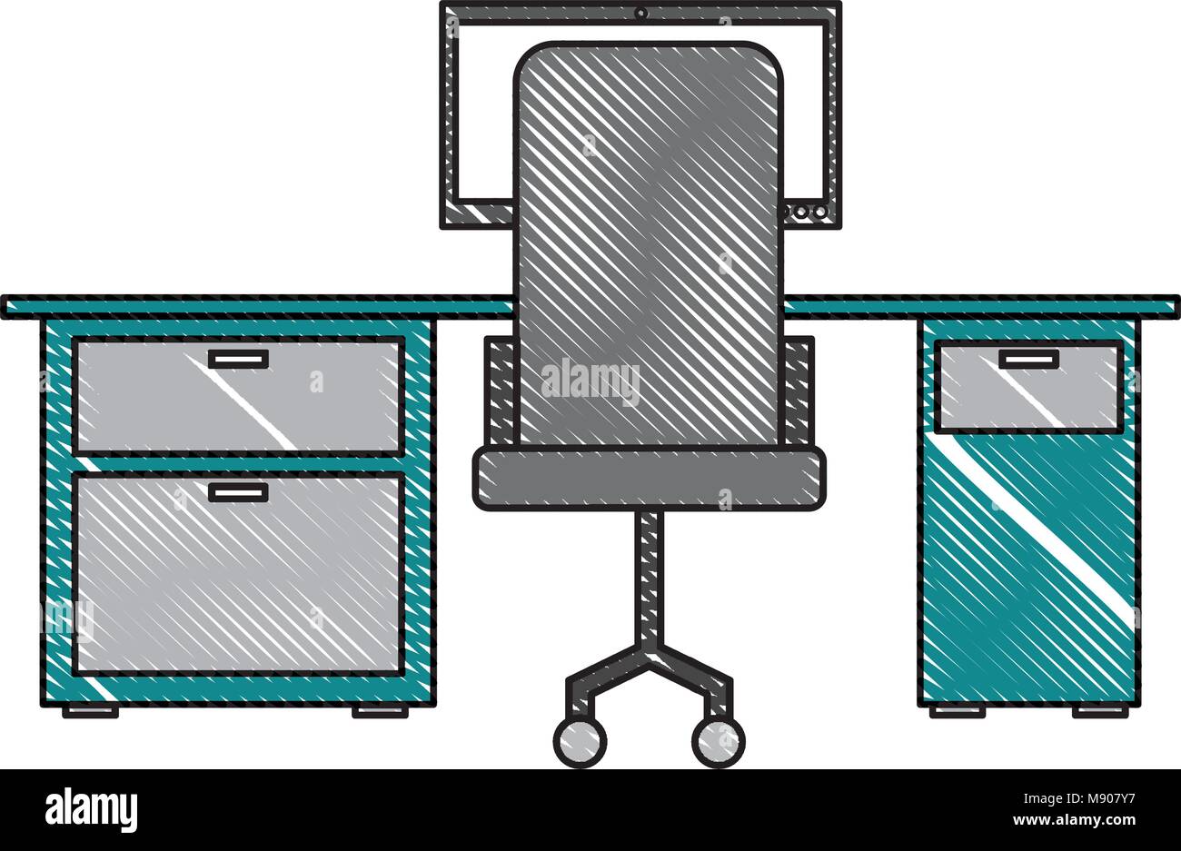 workspace office desk computer armchair view back Stock Vector Image