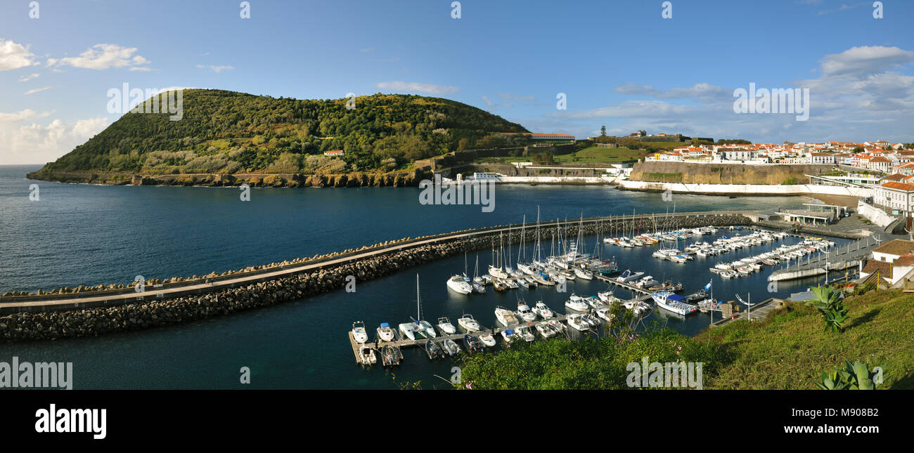 Marina of Angra do Heroísmo and Monte Brasil. Terceira, Azores islands. Portugal Stock Photo