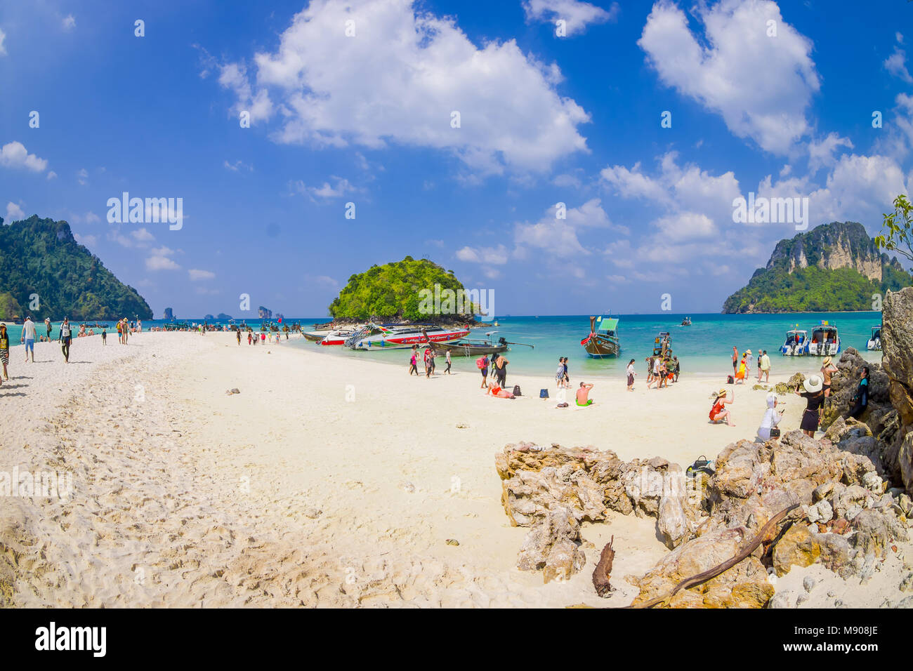 TUP, THAILAND - FEBRUARY 09, 2018: Amazing view of unidentified people in the beach at shore on Tup island in a gorgeous sunny day and white sand Stock Photo