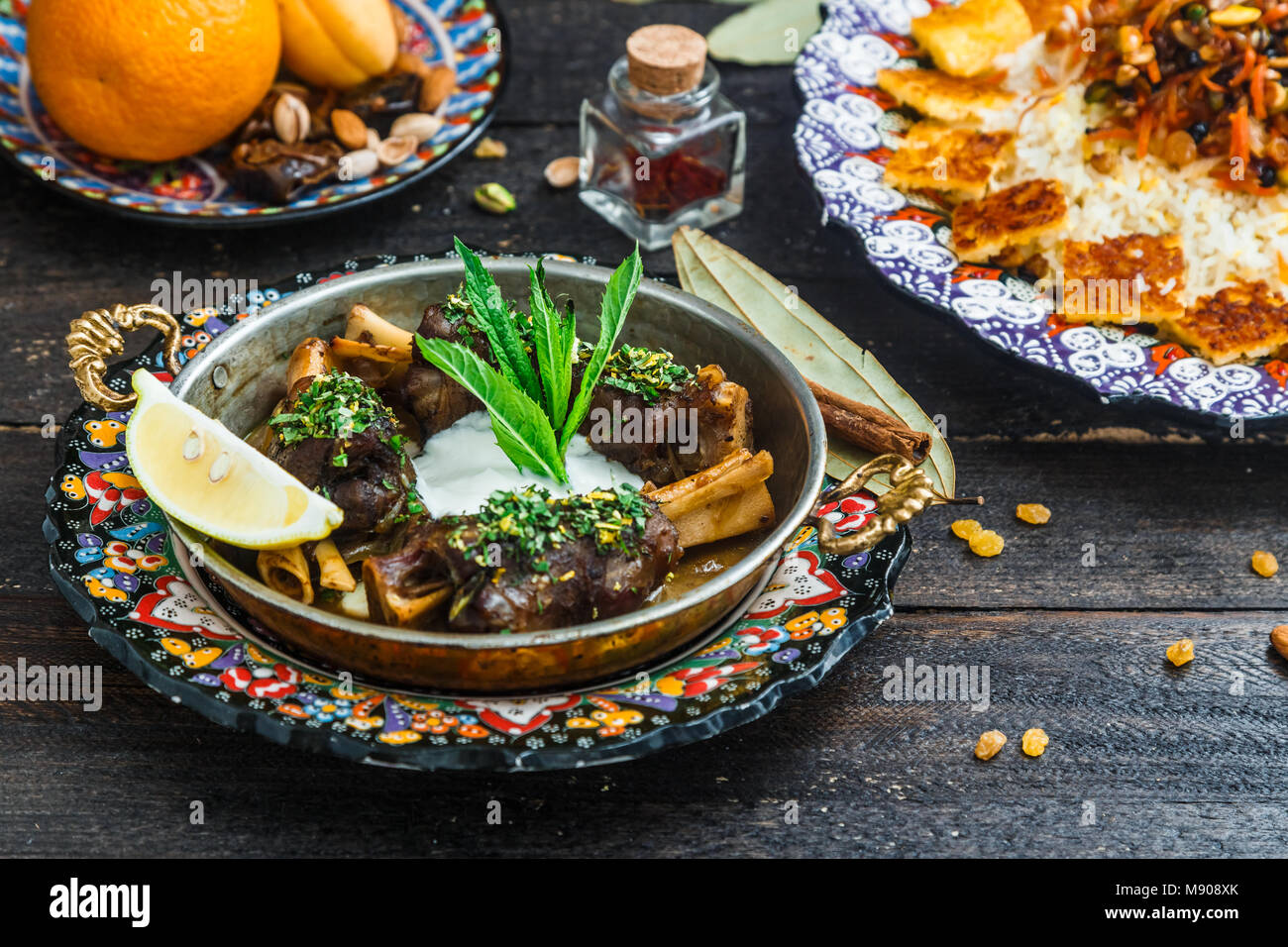 Lamb shanks with yoghurt and mint, arabian style Stock Photo