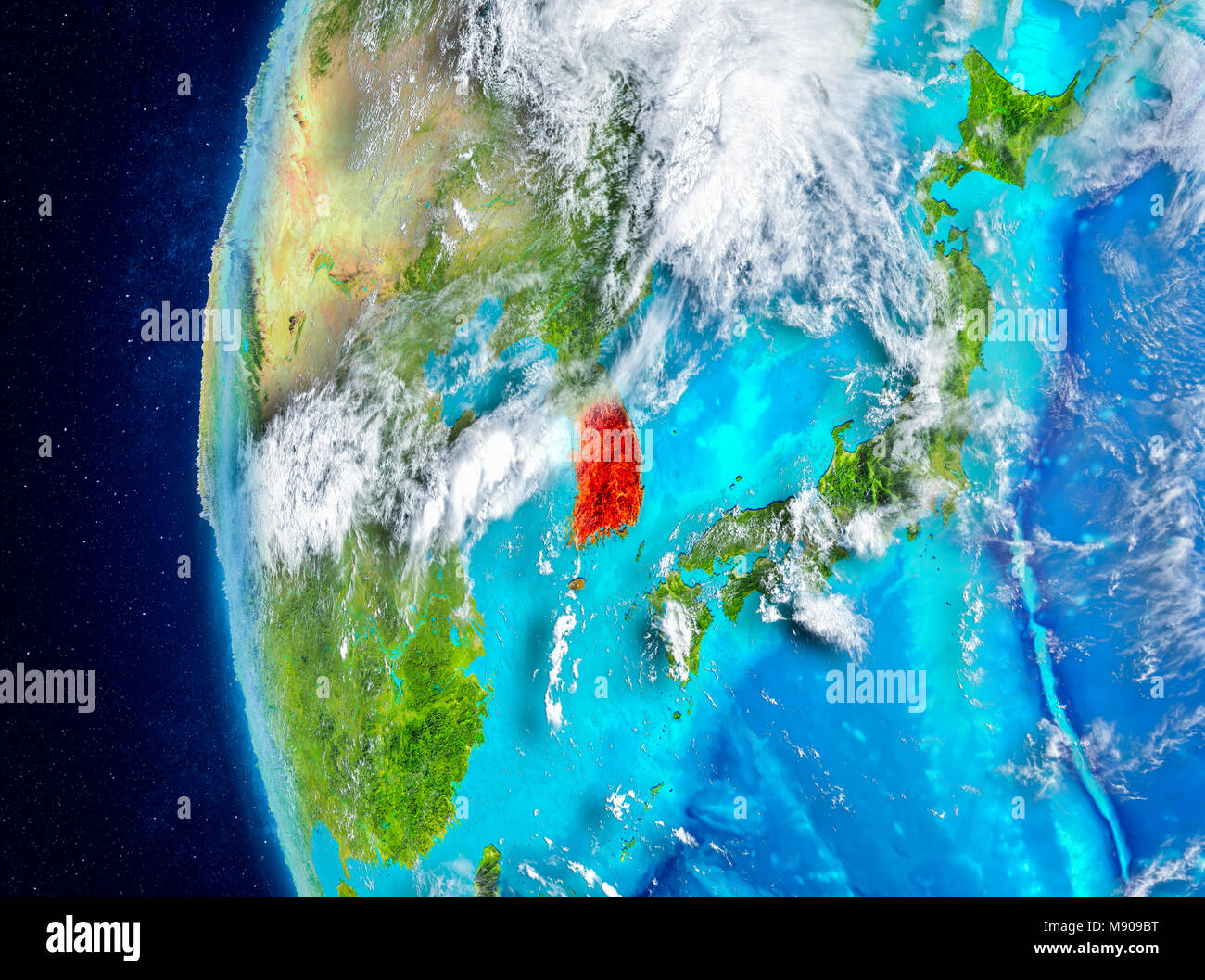 Map of South Korea as seen from space on planet Earth with clouds and ...