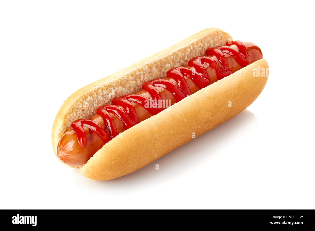 Hot dog with ketchup on white Stock Photo